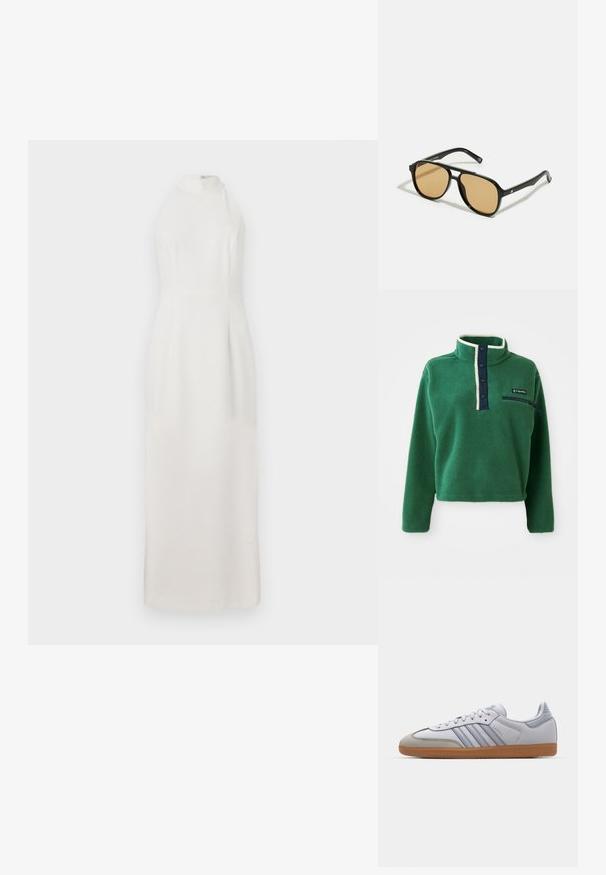 Pullover de fleece verde com gola alta, abertura com botões em azul marinho e bolso com zipper. Apresenta uma textura suave e um acabamento em creme contrastante.; Vestido branco sem mangas com um colarinho alto, feito de tecido liso. Apresenta um corpete ajustado e uma saia fluida que se estende até ao chão.; Sapatilhas brancas em couro com detalhes em azul claro, biqueira em camurça cinza e sola em borracha castanha. Apresenta três riscas azuis e a marca "Samba".; Óculos de sol pretos com lentes castanhas; formato retangular com uma armação grossa, incluindo sutis detalhes metálicos nas hastes.