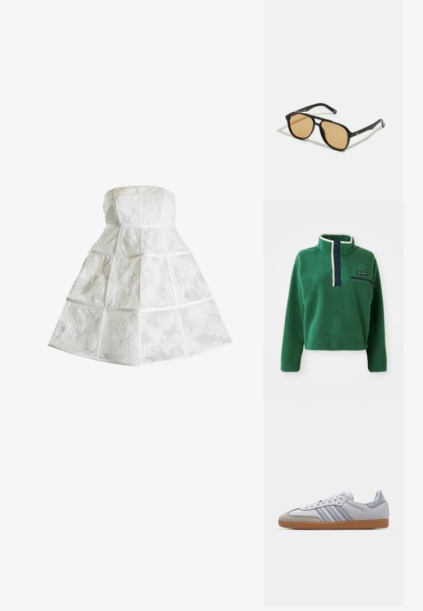 Zielony polarowy sweter z wysokim kołnierzem, granatowym zapięciem na guziki i zamkiem błyskawicznym w kieszeni. Posiada miękką teksturę i kontrastowe kremowe wykończenie.; True Decadence - Sukienka letnia; Białe skórzane trampki z jasnoniebieskimi akcentami, szarym zamszowym noskiem i brązową gumową podeszwą. Posiadają trzy niebieskie paski oraz logo "Samba".; Czarne okulary przeciwsłoneczne z brązowymi szkłami; prostokątny kształt z grubą oprawą, z delikatnymi akcentami na zausznikach.