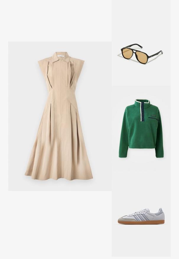 Zelený fleecový pulóver s vysokým golierom, námorníckou prednou légou s gombíkmi a zipsovou vrecko. Obsahuje jemnú textúru a kontrastné smotanové lemovanie.; Béžové šaty bez rukávov s golierikom, štruktúrovaným korzetom, vertikálnymi záhybmi a rozšírenou sukňou, ktorá padá pod kolená.; Biele kožené tenisky s svetlomodrými akcentmi, sivým semišovým špičkou a hnedou gumovou podrážkou. Obsahujú tri modré pruhy a branding "Samba".; Čierne slnečné okuliare s hnedými farebnými šošovkami; obdĺžnikový tvar s hrubým rámom, vrátane jemných kovových akcentov na stranách.