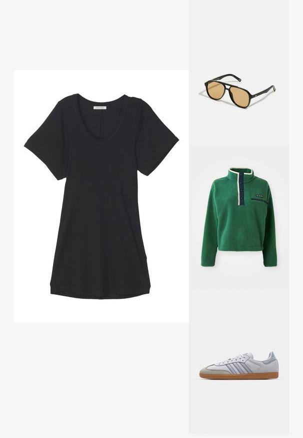 Grøn fleece-pullover med høj krave, navy trykknap-lukning og en lynlås-lomme. Har en blød tekstur og kontrasterende cremet kant.; Sort kortærmet T-shirt lavet af blødt stof, med en scoop halsudskæring og en afslappet pasform. Glat tekstur uden synlige mønstre eller detaljer.; Hvide lædersneakers med lyseblå accenter, grå ruskindsnæse og en brun gummisål. Har tre blå striber og "Samba" branding.; Sorte solbriller med brune tonede linser; rektangulær form med en tyk ramme, herunder diskrete hardwaredetaljer på stængerne.