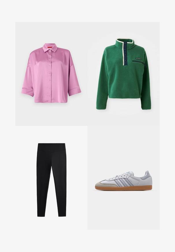 Zelen pulover iz flisa z visokim ovratnikom, mornarsko gumbastim zapiranjem in žepom na zadrgo. Ima mehak otip in kontrastne kremne obrobe.; Svetlo roza satenska majica s gumbi, s ovratnikom, sproščenega kroja in zavihanimi rokavi, ki ima gladko teksturo in subtilen lesk.; Črne legice iz gladkega, raztegljivega blaga. Imajo širok pas in zožen dizajn nog, primeren za aktivno ali vsakodnevno nošenje.; Beli usnjeni športni copati z svetlo modrimi poudarki, sivi semiš konice in rjavim gumijastim podplatom. Imajo tri modre črte in blagovno znamko "Samba".