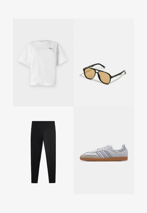 Zelený fleecový svetr s vysokým límcem, námořnickými knoflíky a zipovou kapsou. Má měkkou texturu a kontrastní krémové lemování.; Bílá bavlněná tričko s krátkými rukávy, s volným střihem a černým logem "Barbour" na levé přední straně.; Černé legíny vyrobené z hladkého, elastického materiálu. Mají široký pas a zúžený střih nohavic, vhodné pro aktivní nebo volnočasové nošení.; Bílé kožené tenisky s světle modrými akcenty, šedým semišovým špičkou a hnědou gumovou podrážkou. Obsahují tři modré pruhy a branding "Samba".; Černé sluneční brýle s hnědými tónovanými čočkami; obdélníkový tvar s tlustým rámem, včetně jemných kovových akcentů na stranách.