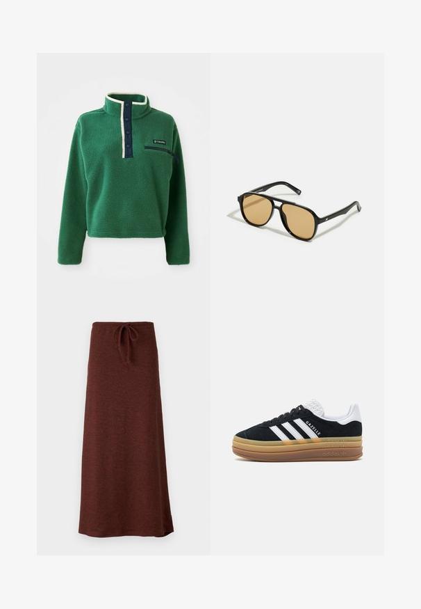 Zöld fleece pulóver magas gallérral, sötétkék gombos részlettel és cipzáras zsebbel. Puha tapintású, kontrasztos krémszínű díszítéssel.; Barna, hosszú, kötött szoknya húzózsinórral a derék részen. Simább textúrájú, enyhén bővülő fazon, egyszínű, minta vagy díszítés nélkül.; Fekete velúr sportcipő fehér részletekkel és három csíkkal, texturált fehér sarokkal, gumitalppal és "Gazelle" felirattal.; Fekete napszemüveg barna árnyalatú lencsékkel; téglalap alakú, vastag kerettel, a szárakon diszkrét fém részletekkel.