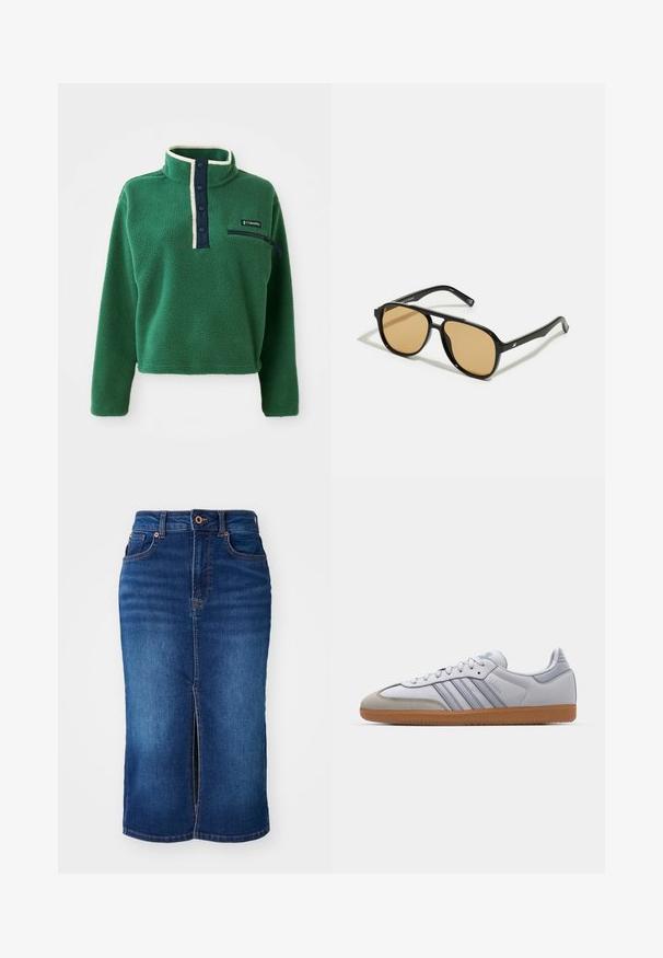 Zelen pulover iz flisa z visokim ovratnikom, mornarsko gumbastim zapiranjem in žepom na zadrgo. Ima mehak otip in kontrastne kremne obrobe.; Jeans krilo v temno modri barvi s sprednjim razporkom, kontrastnim šivom, zasnovo s petimi žepi in kovinsko gumbno zapiralo na pasu.; Beli usnjeni športni copati z svetlo modrimi poudarki, sivi semiš konice in rjavim gumijastim podplatom. Imajo tri modre črte in blagovno znamko "Samba".; Črne sončne očala z rjavim odtenkom leč; pravokotna oblika s širokim okvirjem, vključno z diskretno kovinsko dekoracijo na obeh strani.