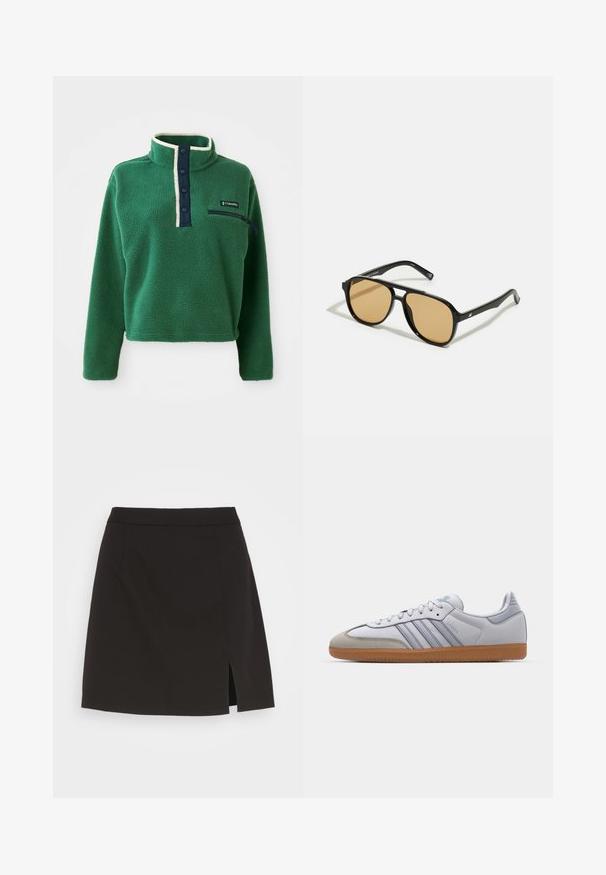 Zöld fleece pulóver magas gallérral, sötétkék gombos részlettel és cipzáras zsebbel. Puha tapintású, kontrasztos krémszínű díszítéssel.; Fekete mini szoknya sima anyagból, egyenes szabással, oldalsó hasítékkal, látható felszerelés vagy díszítés nélkül.; Fehér bőr sportcipők világoskék részletekkel, szürke velúr orral és barna gumitalppal. Három kék csíkkal és "Samba" felirattal rendelkezik.; Fekete napszemüveg barna árnyalatú lencsékkel; téglalap alakú, vastag kerettel, a szárakon diszkrét fém részletekkel.