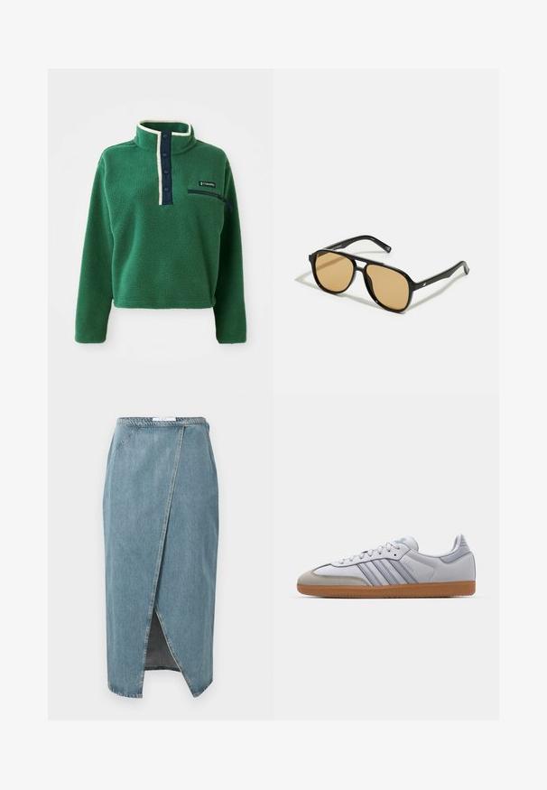 Grønn fleecegenser med høy krage, marineblå knappestolpe og en glidelåslomme. Har myk tekstur og kontrasterende kremfarget trim.; Jeanskjørt i lys blå med omslagdesign, synlige sømmer, frontslitt og en tettsittende midje.; Hvite lærsko med lyseblå detaljer, grå semsket tå og brun gummisåle. Har tre blå striper og "Samba" merke.; Svarte solbriller med brune fargede linser; rektangulær form med tykk ramme, inkludert subtile hardware-detaljer på stengene.