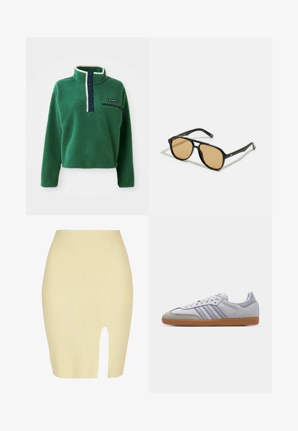 Grüner Fleece-Pullover mit hohem Kragen, maritimer Knopfleiste und einer Reißverschlusstasche. Mit weicher Textur und kontrastierender cremefarbener Einfassung.; Ripp midi Rock in hellgelb mit Schlitzdetail an der Front, der eine figurbetonte Silhouette und eine weiche Textur bietet.; Weiße Ledersneaker mit hellblauen Akzenten, grauem Wildlederzehen und einer braunen Gummisohle. Verfügt über drei blaue Streifen und "Samba"-Branding.; Schwarze Sonnenbrille mit braun getönten Gläsern; rechteckige Form mit einem dicken Rahmen, einschließlich subtiler Hardware-Akzente an den Bügeln.