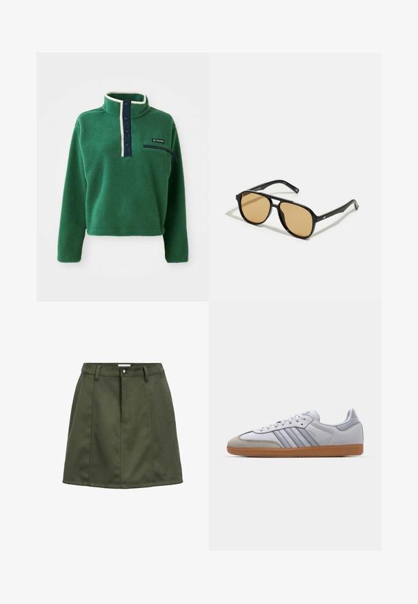 Pullover en polaire vert avec un col montant, patte de boutonnage marine et poche zippée. Présente une texture douce et une bordure crème contrastante.; Mini-jupe en daim vert foncé avec des passants de ceinture, un bouton avant et des détails de couture.; Baskets en cuir blanc avec des accents bleu clair, un bout en daim gris et une semelle en caoutchouc marron. Présente trois bandes bleues et le marquage "Samba".; Lunettes de soleil noires avec des verres teintés marron ; forme rectangulaire avec une monture épaisse, incluant des détails discrets en métal sur les branches.