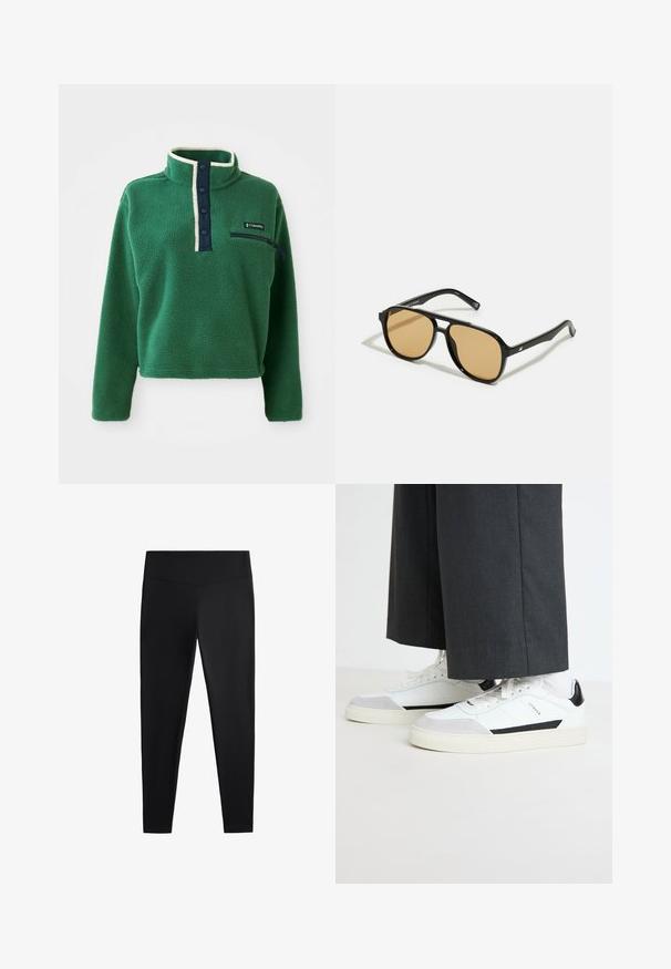 Pullover in pile verde con colletto alto, patta con bottoni blu e tasca con zip. Presenta una consistenza morbida e bordi a contrasto in crema.; Leggings neri realizzati in tessuto liscio e elasticizzato. Presentano una cintura larga e un design a gamba affusolata, adatti per un abbigliamento sia attivo che casual.; Copenhagen Studios CPH253 X TONI GARRN - Sneakers basse - white/grey; Occhiali da sole neri con lenti a sfumatura marrone; forma rettangolare con una montatura spessa, inclusi sottili dettagli metallici sulle astine.