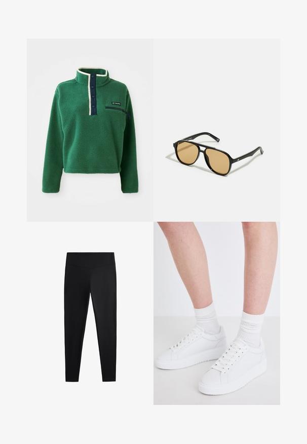 Grön fleece-pullover med hög krage, marinblå knappslå och en ficka med dragkedja. Har mjuk textur och kontrasterande crèmefärgade detaljer.; Svarta leggings av ett slätt, stretchigt tyg. Har en bred midja och design med avsmalnande ben, lämpliga för aktiv eller avslappnad användning.; Copenhagen Studios CPH72 - Sneakers - white; Svarta solglasögon med bruna tonade linser; rektangulär form med en tjock ram, inklusive subtila detaljer av metall vid glasögonbågarna.