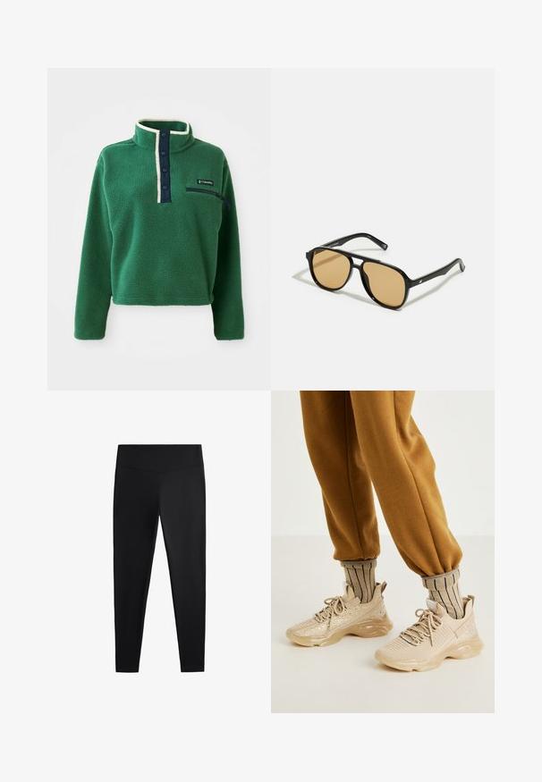 Grüner Fleece-Pullover mit hohem Kragen, maritimer Knopfleiste und einer Reißverschlusstasche. Mit weicher Textur und kontrastierender cremefarbener Einfassung.; Schwarze Leggings aus glattem, dehnbarem Stoff. Mit einem breiten Bund und tailliertem Bein Design, geeignet für aktive oder lässige Kleidung.; Beige Sport Schuhe mit Netz-Obermaterial, dekorativen Glitzer und dicker Gummisohle. Kombiniert mit gestreiften beigen Socken und braunen Jogginghosen.; Schwarze Sonnenbrille mit braun getönten Gläsern; rechteckige Form mit einem dicken Rahmen, einschließlich subtiler Hardware-Akzente an den Bügeln.