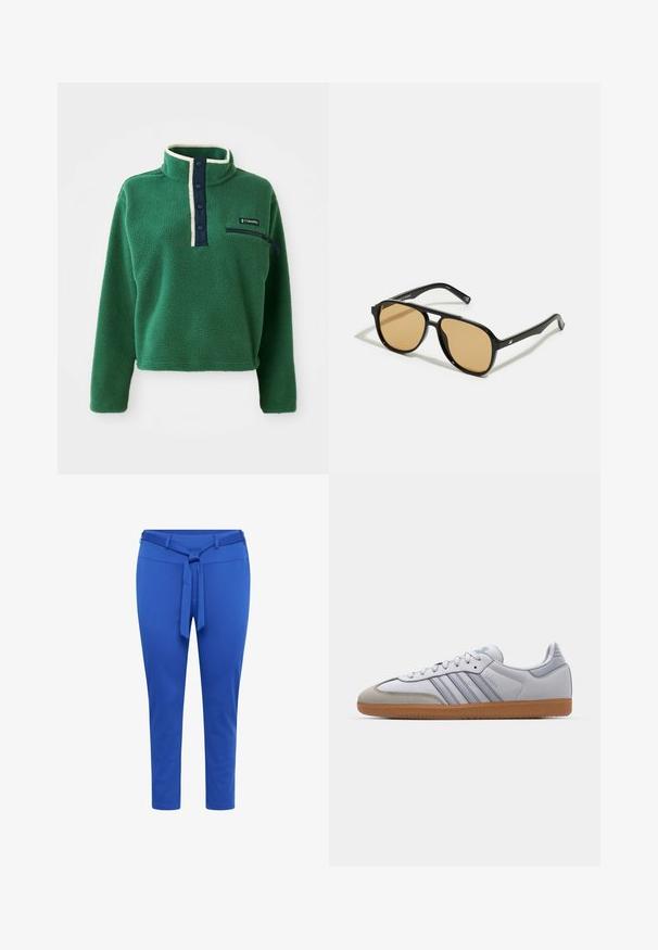 Pullover en polaire vert avec un col montant, patte de boutonnage marine et poche zippée. Présente une texture douce et une bordure crème contrastante.; Pantalons fuselés bleu en tissu extensible avec une taille ceinturée, présentant une texture lisse et une longueur mi-mollet.; Baskets en cuir blanc avec des accents bleu clair, un bout en daim gris et une semelle en caoutchouc marron. Présente trois bandes bleues et le marquage "Samba".; Lunettes de soleil noires avec des verres teintés marron ; forme rectangulaire avec une monture épaisse, incluant des détails discrets en métal sur les branches.