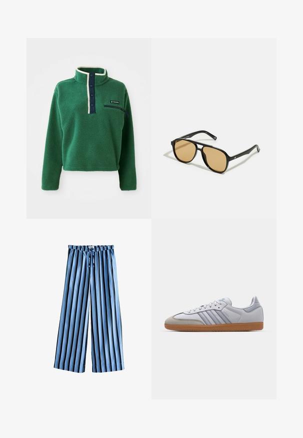 Grön fleece-pullover med hög krage, marinblå knappslå och en ficka med dragkedja. Har mjuk textur och kontrasterande crèmefärgade detaljer.; Randiga vida byxor i ljusblått och marinblått, med dragsko i midjan, mjukt tyg och en luftig silhuett för komfort.; Vita lädersneakers med ljusblå accenter, grå mocka tå och en brun gummisula. Har tre blå ränder och "Samba"-logotyp.; Svarta solglasögon med bruna tonade linser; rektangulär form med en tjock ram, inklusive subtila detaljer av metall vid glasögonbågarna.