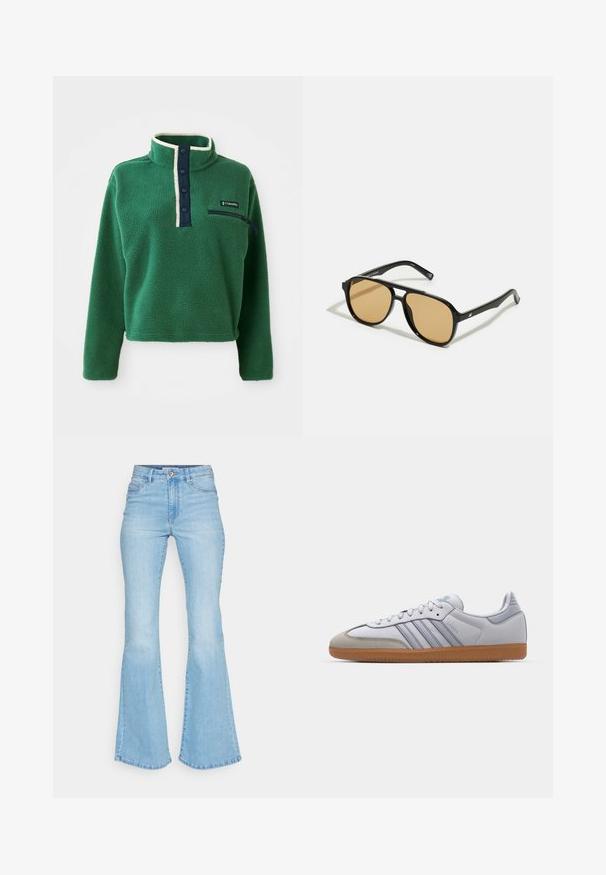 Zaļš vilnas džemperis ar augstu apkakli, tumši zilām pogām un kabatu ar rāvējslēdzēju. Tam ir mīksta tekstūra un kontrastējoša krēmkrāsas apdare.; Gai zili flared džinsi, izgatavoti no džinsa, ar augstu vidukli, priekšējām kabatām un gludu apdari uz piedurknēm ar redzamām šuvēm.; Baltas ādas sporta apavi ar gaiši ziliem akcentiem, pelēka zamša purngala un brūnas gumijas zole. Iezīmē trīs zilas svītras un "Samba" zīmolu.; Melnas saulesbrilles ar brūnā tonītiem stikliem; taisnstūra forma ar biezu rāmi, ieskaitot smalku aparatūru akcentu uz tempļiem.