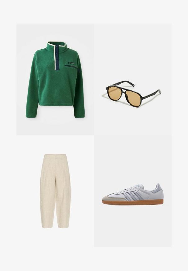 Pullover en polaire vert avec un col montant, patte de boutonnage marine et poche zippée. Présente une texture douce et une bordure crème contrastante.; Pantalons en lin beige à coupe ample, dotés de plis à la taille, d'une longueur cropped et d'un tissu texturé tissé.; Baskets en cuir blanc avec des accents bleu clair, un bout en daim gris et une semelle en caoutchouc marron. Présente trois bandes bleues et le marquage "Samba".; Lunettes de soleil noires avec des verres teintés marron ; forme rectangulaire avec une monture épaisse, incluant des détails discrets en métal sur les branches.