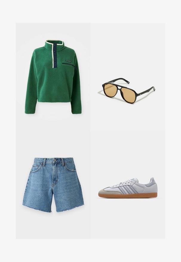 Grön fleece-pullover med hög krage, marinblå knappslå och en ficka med dragkedja. Har mjuk textur och kontrasterande crèmefärgade detaljer.; Abercrombie & Fitch CURVE LOVE SHORT - Jeansshorts - light blue denim; Vita lädersneakers med ljusblå accenter, grå mocka tå och en brun gummisula. Har tre blå ränder och "Samba"-logotyp.; Svarta solglasögon med bruna tonade linser; rektangulär form med en tjock ram, inklusive subtila detaljer av metall vid glasögonbågarna.
