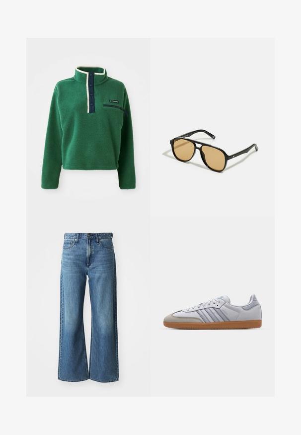 Green fleece pullover with a high collar, navy button placket, and a zip pocket. Features soft texture and contrasting cream trim.; Wide-leg blue denim jeans with a mid-rise waistband, five pockets, and subtle fading. Features include belt loops and stitched detailing.; White leather sneakers with light blue accents, grey suede toe, and a brown rubber sole. Features three blue stripes and "Samba" branding.; Black sunglasses with brown tinted lenses; rectangular shape with a thick frame, including subtle hardware accents on the temples.