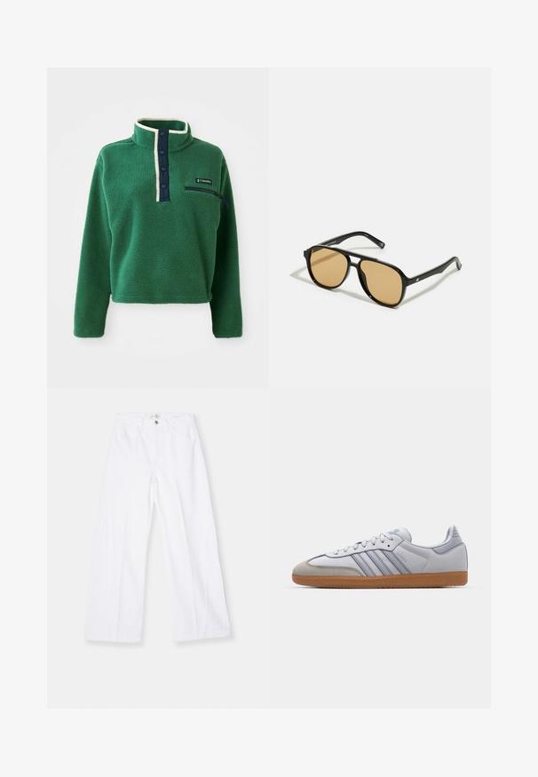 Zielony polarowy sweter z wysokim kołnierzem, granatowym zapięciem na guziki i zamkiem błyskawicznym w kieszeni. Posiada miękką teksturę i kontrastowe kremowe wykończenie.; FRAME PALAZZO biały; Białe skórzane trampki z jasnoniebieskimi akcentami, szarym zamszowym noskiem i brązową gumową podeszwą. Posiadają trzy niebieskie paski oraz logo "Samba".; Czarne okulary przeciwsłoneczne z brązowymi szkłami; prostokątny kształt z grubą oprawą, z delikatnymi akcentami na zausznikach.