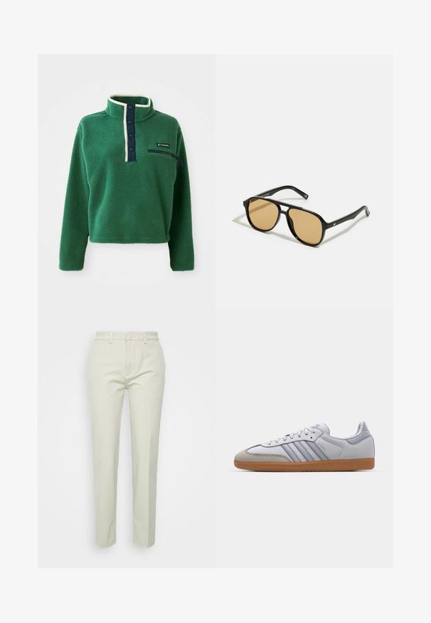 Pulover verde din fleece cu guler înalt, placket albastru cu nasturi și un buzunar cu fermoar. Are o textură moale și trimuri contrastante de crem.; Pantaloni drepți bej deschis din bumbac, cu față plată, chingi pentru curea și fără buzunare sau modele vizibile.; Tenisi din piele albă cu accente albastre deschise, vârf din suede gri și talpă din cauciuc maro. Prezintă trei dungi albastre și branding "Samba".; Ochelari de soare negri cu lentile de culoare maro; formă rectangulară cu un cadru gros, inclusiv accente hardware subtile pe mânere.