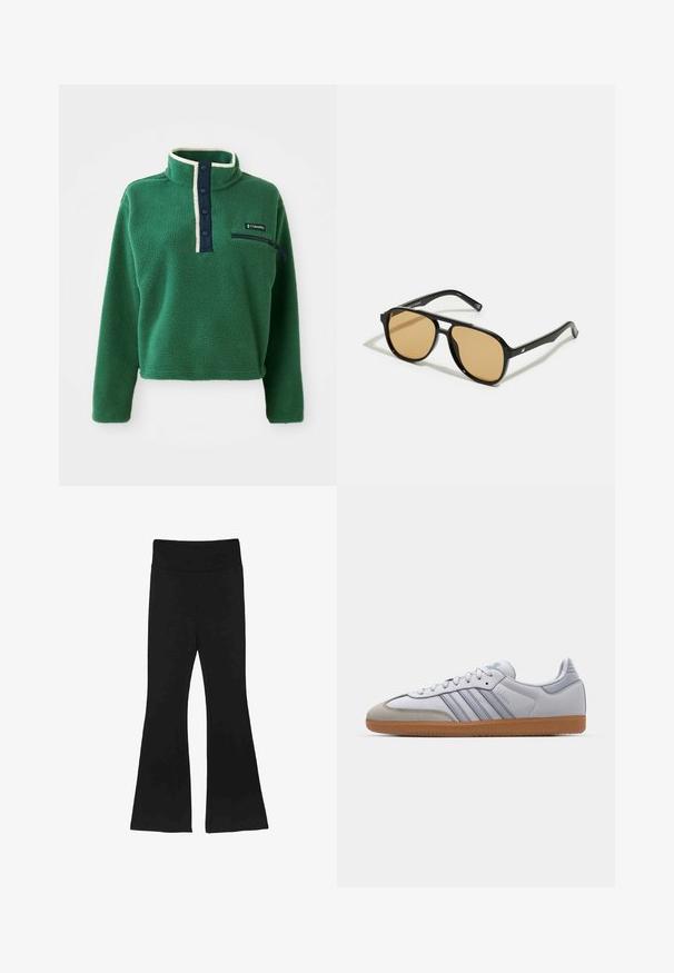 Zielony polarowy sweter z wysokim kołnierzem, granatowym zapięciem na guziki i zamkiem błyskawicznym w kieszeni. Posiada miękką teksturę i kontrastowe kremowe wykończenie.; Czarne spodnie dzwony z szerokim pasem i gładkim, elastycznym materiałem. Nogawki rozszerzają się, tworząc wyraźną sylwetkę.; Białe skórzane trampki z jasnoniebieskimi akcentami, szarym zamszowym noskiem i brązową gumową podeszwą. Posiadają trzy niebieskie paski oraz logo "Samba".; Czarne okulary przeciwsłoneczne z brązowymi szkłami; prostokątny kształt z grubą oprawą, z delikatnymi akcentami na zausznikach.