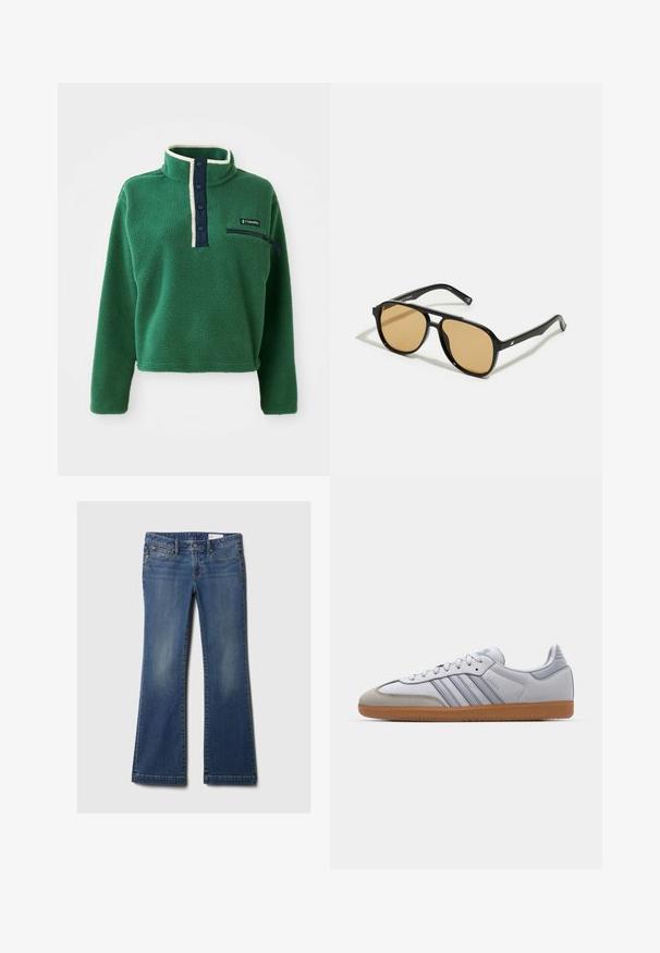 Sudadera de forro polar verde con cuello alto, tapeta de botones en azul marino y un bolsillo con cremallera. Presenta una textura suave y un detalle de crema que contrasta.; Jeans acampanados de mezclilla azul con cinco bolsillos, remaches de cobre, un ligero desvanecimiento y un diseño de cinturilla clásico. Bajo con corte recto.; Zapatillas de cuero blanco con acentos en azul claro, puntera de ante gris y suela de goma marrón. Presentan tres rayas azules y la marca "Samba".; Gafas de sol negras con lentes de color marrón; forma rectangular con un marco grueso, incluyendo sutiles acentos de hardware en las patillas.