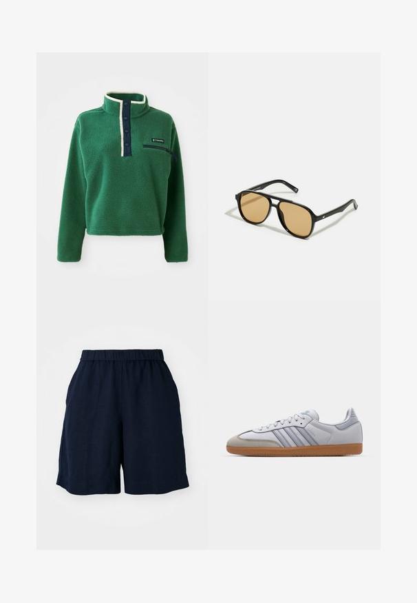 Zeleni flis pulover s visokim ovratnikom, mornarskom dugmetom do kragne i zip džepom. Ima mekanu teksturu i kontrastne kremaste detalje.; Tamno plave kratke hlače s elastičnom trakom u struku, izrađene od lagane tkanine. Imaju ležeran kroj i bočne džepove za praktičnost.; Bijele kožne tenisice s svijetloplavim detaljima, sivim nubuk vrhom i smešnim gumiranim đonom. Imaju tri plava pruga i "Samba" oznaku.; Crne sunčane naočale s smeškastim sočivima; pravokotni oblik s debelim okvirom, uključujući suptilne hardverske akcentne detalje na sljepoočnicama.