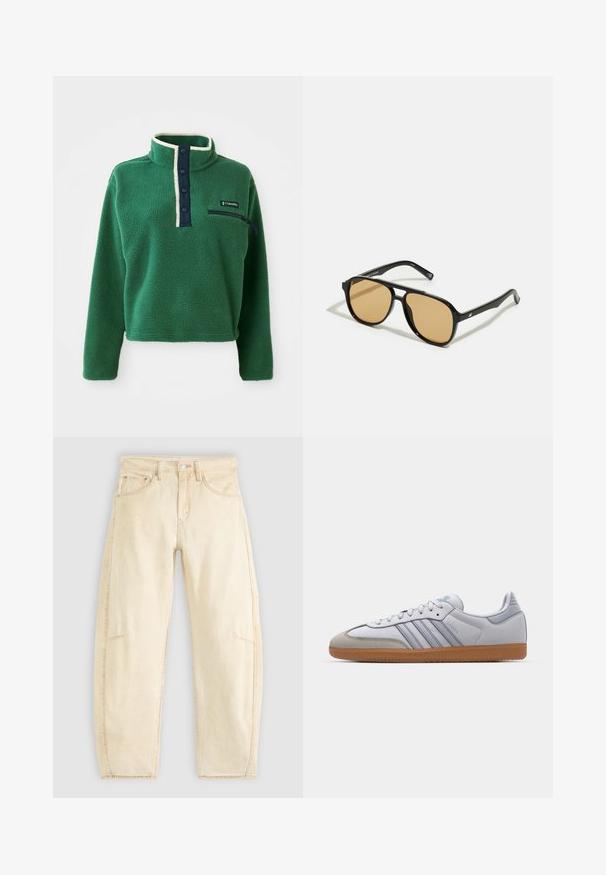 Zelený fleecový svetr s vysokým límcem, námořnickými knoflíky a zipovou kapsou. Má měkkou texturu a kontrastní krémové lemování.; Béžové džíny z denimu s volným střihem, vysokým pasem, pěti kapsami a jemným vyblednutím. Zpracování raw hem na kotnících.; Bílé kožené tenisky s světle modrými akcenty, šedým semišovým špičkou a hnědou gumovou podrážkou. Obsahují tři modré pruhy a branding "Samba".; Černé sluneční brýle s hnědými tónovanými čočkami; obdélníkový tvar s tlustým rámem, včetně jemných kovových akcentů na stranách.