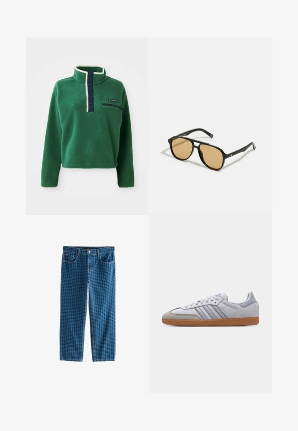 Roheline fliispullover kõrge kraega, tumesinise nööpide ridadaga ja lukuga taskuga. Omab pehmet tekstuuri ja kontrastset kreemjat äärist.; Sinine denimpüksid ruudulise mustriga. Viis taskut, lukuga lõpp ja tavalise vööteega vöökoht. Lõdva istumisega, sirged sääred.; Valged nahast tossud helesiniste detailidega, hallist suede'ist varvas ja pruun kummitald. Omab kolme sinist triipu ja "Samba" brändimist.; Mustad pruunide läätsedega mustad prillid; ristkülikukujuline kuju paksu raamiga, sealhulgas peened metallist aksessuaarid templites.