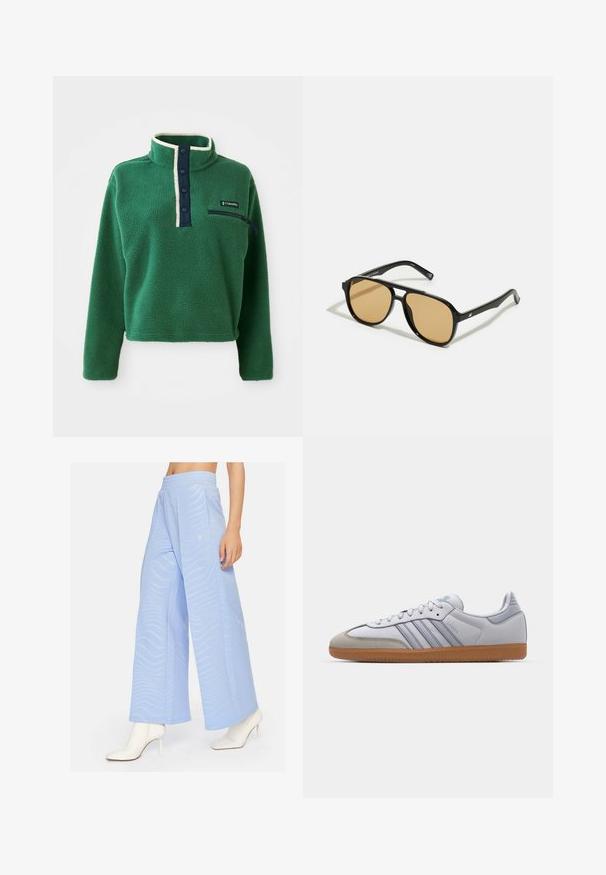 Zelen pulover iz flisa z visokim ovratnikom, mornarsko gumbastim zapiranjem in žepom na zadrgo. Ima mehak otip in kontrastne kremne obrobe.; Cardio Bunny VIBE - Hlače - blue; Beli usnjeni športni copati z svetlo modrimi poudarki, sivi semiš konice in rjavim gumijastim podplatom. Imajo tri modre črte in blagovno znamko "Samba".; Črne sončne očala z rjavim odtenkom leč; pravokotna oblika s širokim okvirjem, vključno z diskretno kovinsko dekoracijo na obeh strani.