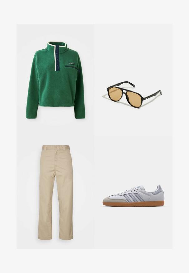 Žalias pūkinis megztinis su aukštu apykakle, jūrų mėlynumo mygtukų užsegimu ir užtrauktuko kišene. Pasižymi minkšta tekstūra ir kontrastingu kreminiu apdailos elementu.; Šviesiai rudos medvilnės chinos kelnės su tiesiomis kojomis, mygtuko uždarymu ir diržo kilpelėmis. Lygus audinys be matomų raštų ar akcentų.; Balti odiniai sportbačiai su šviesiai mėlynais akcentais, pilku zomšiniu priekiu ir rudu guminiu padu. Dėmėsi trys mėlynos juostelės ir "Samba" prekės ženklas.; Juodi saulės akiniai su rudais lęšiais; stačiakampio formos, su storu rėmu, įskaitant subtilias detales ant šventyklų.