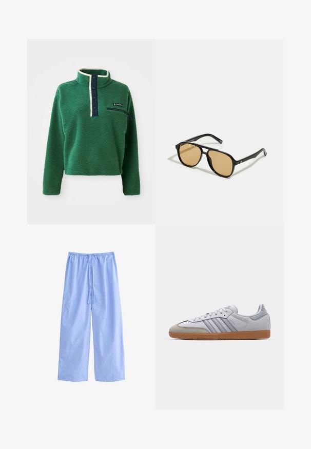 Pullover en polaire vert avec un col montant, patte de boutonnage marine et poche zippée. Présente une texture douce et une bordure crème contrastante.; Pantalons larges bleu clair en tissu doux avec des rayures blanches verticales. Dispose d'une taille élastique avec un cordon de serrage pour ajustement.; Baskets en cuir blanc avec des accents bleu clair, un bout en daim gris et une semelle en caoutchouc marron. Présente trois bandes bleues et le marquage "Samba".; Lunettes de soleil noires avec des verres teintés marron ; forme rectangulaire avec une monture épaisse, incluant des détails discrets en métal sur les branches.