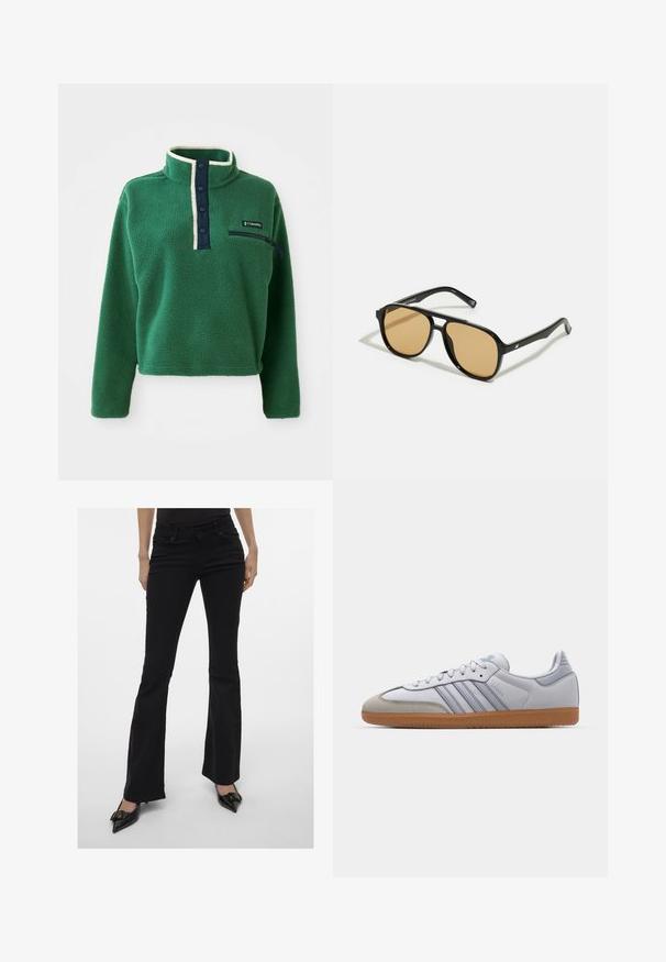 Vihreä fleece-pullovetokontti korkean kauluksen, laivastonsinisen nappilistauksen ja vetoketjullisen taskun kanssa. Sisältää pehmeän tekstuurin ja kontrastina toimivan kermaisen viimeistelyn.; Mustat leveälahkeiset farkut tyylikkäällä istuvuudella, viiden taskun muotoilu ja hillitty ompelu. Valmistettu denimistä, keski-mallisella vyötäröllä.; Valkoiset nahkakengät, joissa on vaaleansinisiä yksityiskohtia, harmaa mokkanahkainen varvas ja ruskea kumipohja. Sisältää kolme sinistä raitaa ja "Samba" -merkinnän.; Mustat aurinkolasit ruskeilla sävyillä; suorakaiteen muotoiset, joissa on paksu kehys ja hienovaraiset metallikoristeet varsissa.