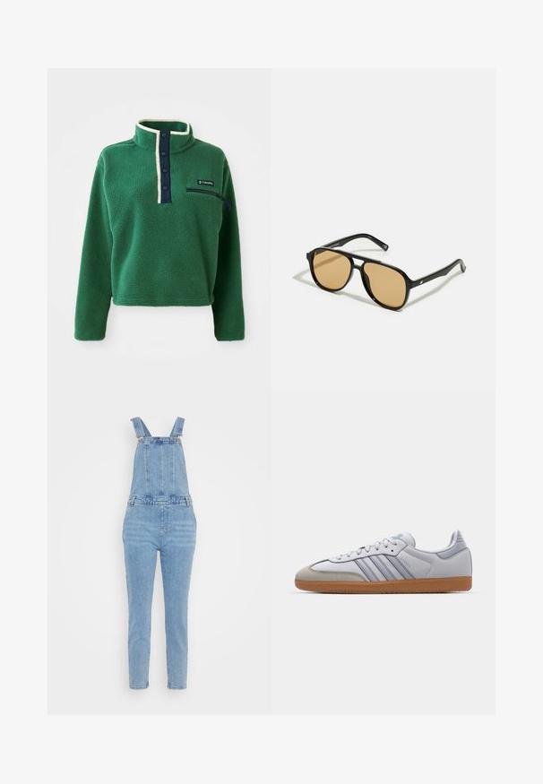 Zelený fleecový pulóver s vysokým golierom, námorníckou prednou légou s gombíkmi a zipsovou vrecko. Obsahuje jemnú textúru a kontrastné smotanové lemovanie.; Svetlomodré denimové overal s nastaviteľnými ramienkami, rovný strih, predné vrecká a kovové detaily. Mäkka štruktúra, neformálny štýl.; Biele kožené tenisky s svetlomodrými akcentmi, sivým semišovým špičkou a hnedou gumovou podrážkou. Obsahujú tri modré pruhy a branding "Samba".; Čierne slnečné okuliare s hnedými farebnými šošovkami; obdĺžnikový tvar s hrubým rámom, vrátane jemných kovových akcentov na stranách.