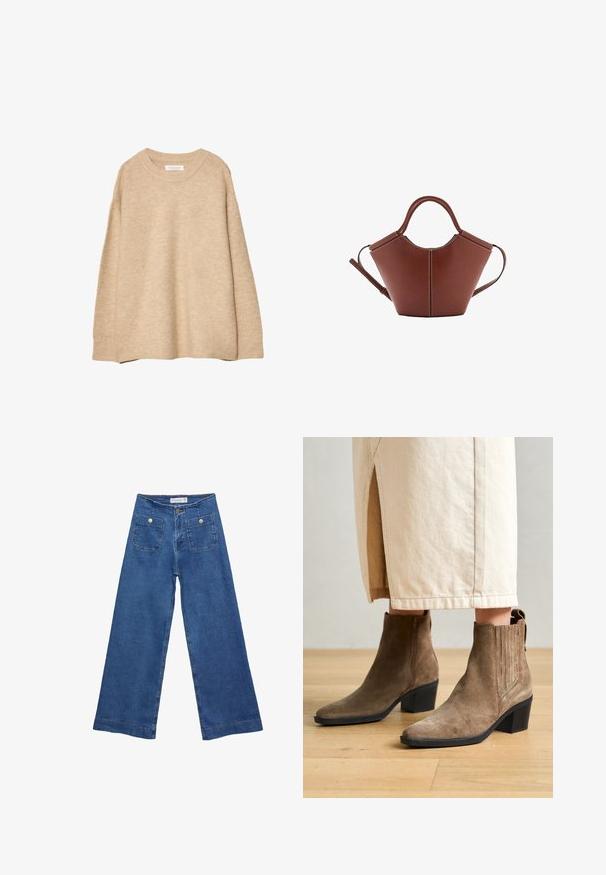 Bež džemper od mekanog pletenog materijala s okruglim izrezom, dugim rukavima, te rebrastim manžetama i rubom. Minimalistički dizajn bez uzoraka.; Denim široke hlače s medijskom plavom pranju, dva prednja džepa s dugmadi, i šivana dekoracija duž rubova.; Marc O'Polo LUNA - Klasične gležnjače - mid brown; Smeđa kožna torba koničnog oblika, čvrste ručke i kontrastnog bijelog šava. Sadrži odvojivi remen za rame radi svestranosti.