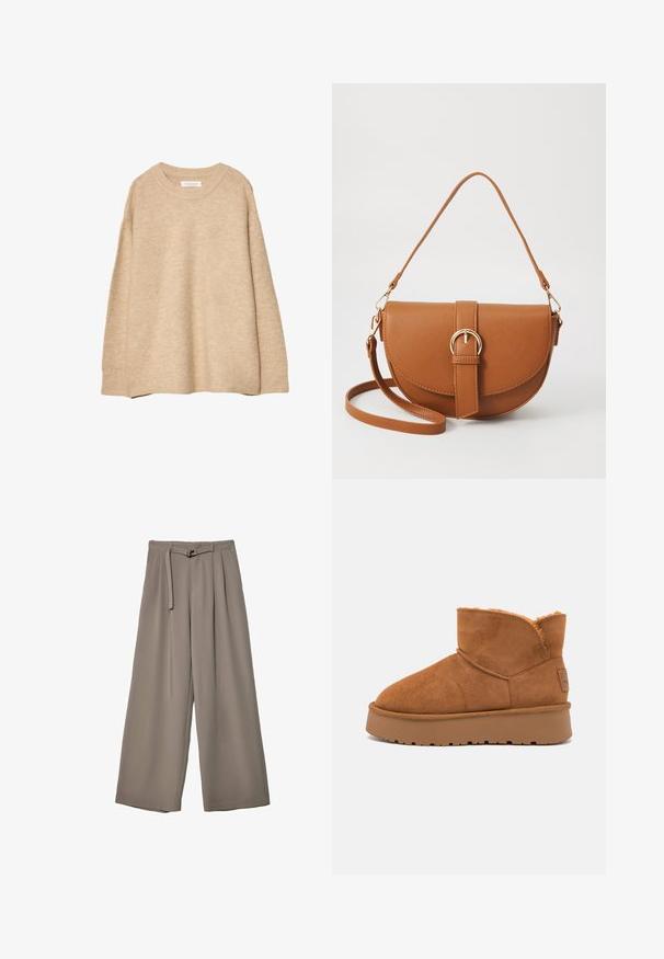 Beige sweater made of soft knit material with a round neckline, long sleeves, and ribbed cuffs and hem. Minimalist design without patterns.; Wide-leg trousers in a soft, muted grey fabric, featuring a belted waist and pleats for added design detail. Smooth texture, no patterns.; Brown suede ankle boot with a soft fur lining, rounded toe, and thick, textured rubber sole. Features stitched seams and a branded tag.; Brown leather crossbody bag with a curved shape, gold hardware, and a buckle accent. Features a detachable shoulder strap.