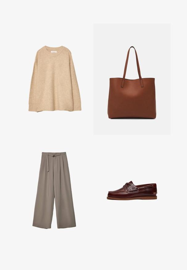Bež pulover iz mehkega pletenega materiala s okroglo ovratnico, dolgimi rokavi ter rebrastimi manšetami in robom. Minimalističen dizajn brez vzorcev.; Široke hlače iz mehke, umirjene sive tkanine, z pasom, ki ga je mogoče zavezati, in z gubami za dodatne oblikovne podrobnosti. Gladka tekstura, brez vzorcev.; Rjavi usnjeni čolnarski čevlji z zaobljenim nosom, šivanim detajlom, kontrastno svetlo-rjavim podplatom in kovinskimi očesci za vezalke. Neprekosljiv dizajn.; Rjava usnjena torba z gladko teksturo, odprto zasnovo zgoraj in dvema naramnima trakovoma. Opremljena je z minimalnim šivanjem in brez vidnih kovinskih delov.