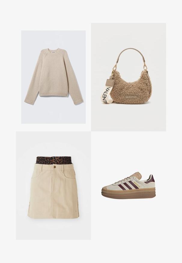 Vaalean beige neulepaita, jossa on longsammarat ja ribbireunat hihansuissa ja helmoissa, asetettuna tasaisesti vaalealle taustalle.; Hame tan denim dengan ikat pinggang elastis bercorak macan tutul cokelat, saku depan, dan potongan lurus, dilengkapi dengan detail jahitan yang terlihat.; Beige mokkasiner med maroonstriper, hvite detaljer, en tykk gjennomsiktig såle og hevet merkevare på siden. Snøredesign.; Ruskea teksturoitu käsilaukku, joka on valmistettu pehmeästä materiaalista. Sissä on kaareva muoto, lyhyt kahva ja irrotettava hihna, jossa on painettuna "VALENTINO".