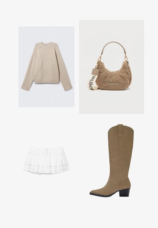Maglione beige a maglia con maniche lunghe a raglan e polsini e orlo a coste, steso su uno sfondo chiaro.; Gonna bianca a strati con tre volants, vita elastica e dettaglio con cordoncino. Realizzata in tessuto leggero e testurizzato.; Stivali in suede color cammello al ginocchio con punta a punta, tacco impilato e dettaglio di cuciture lungo i lati. Texture liscia e design strutturato.; Borsa a tracolla marrone in materiale soffice, con una forma curvata, un manico corto e una tracolla removibile con la scritta "VALENTINO".