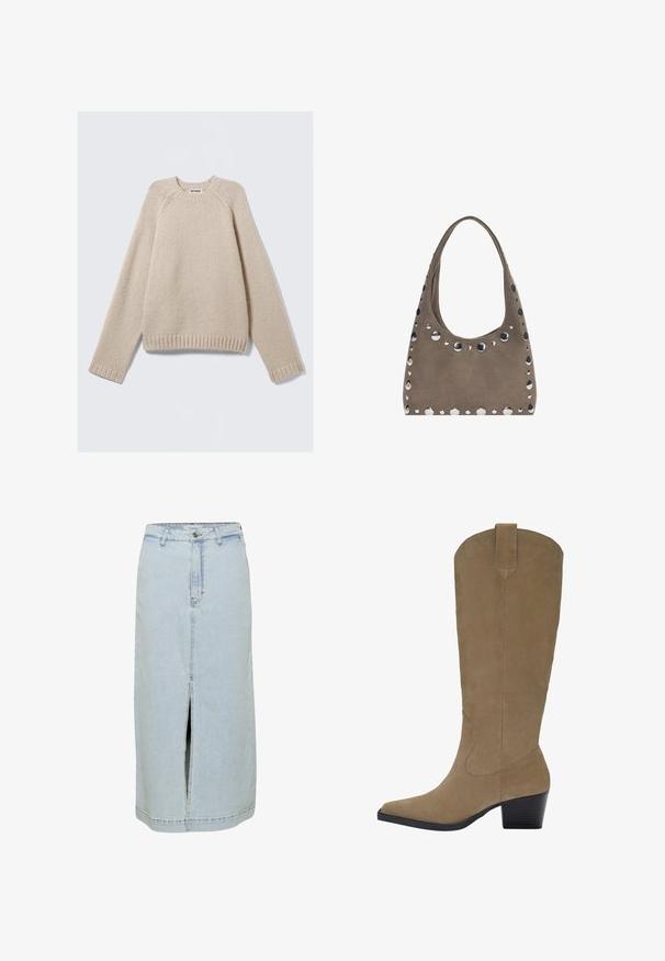 Vaalean beige neulepaita, jossa on longsammarat ja ribbireunat hihansuissa ja helmoissa, asetettuna tasaisesti vaalealle taustalle.; Vaaleansininen farkkuhame, suora leikkaus, polven pituinen, edessä halkio, vyölenkit ja nappisuljenta vyötäröllä.; Pohjepituinen vaaleanruskea mokkasaappaat, joissa on kärjelliset varpaat, kasattua korkoa ja sauma-alueen yksityiskohtia. Sileä pinta ja jämäkkä muotoilu.; PULL&BEAR SHOPPER - Shopping bag - grey
