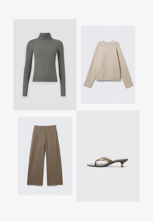 Pulover tricotat bej cu mâneci raglan lungi și cu tivuri și margini ribbate, așezat plat pe un fundal deschis.; Top gri, cu maneci lungi si guler inalt, fabricat dintr-un material moale, cu o textura ribbita, avand un design ajustat.; Pantaloni largi cu dungi finuțe de culoare marron, cu o textură netedă și un design clasic, având un brâu și pliuri frontale pentru o croială ajustată.; Papuci cu toc transparenți, cu un design cu curea subțire, având un suport pentru picior negru și accente de culoare maro deschis, oferind o estetică minimalistă.