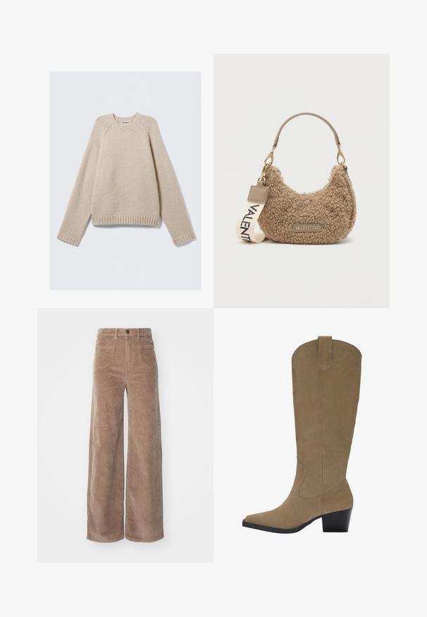 Maglione beige a maglia con maniche lunghe a raglan e polsini e orlo a coste, steso su uno sfondo chiaro.; ONLY HOPE GLOBAL HW EBBA POCKETS - Pantaloni - fossil; Stivali in suede color cammello al ginocchio con punta a punta, tacco impilato e dettaglio di cuciture lungo i lati. Texture liscia e design strutturato.; Borsa a tracolla marrone in materiale soffice, con una forma curvata, un manico corto e una tracolla removibile con la scritta "VALENTINO".