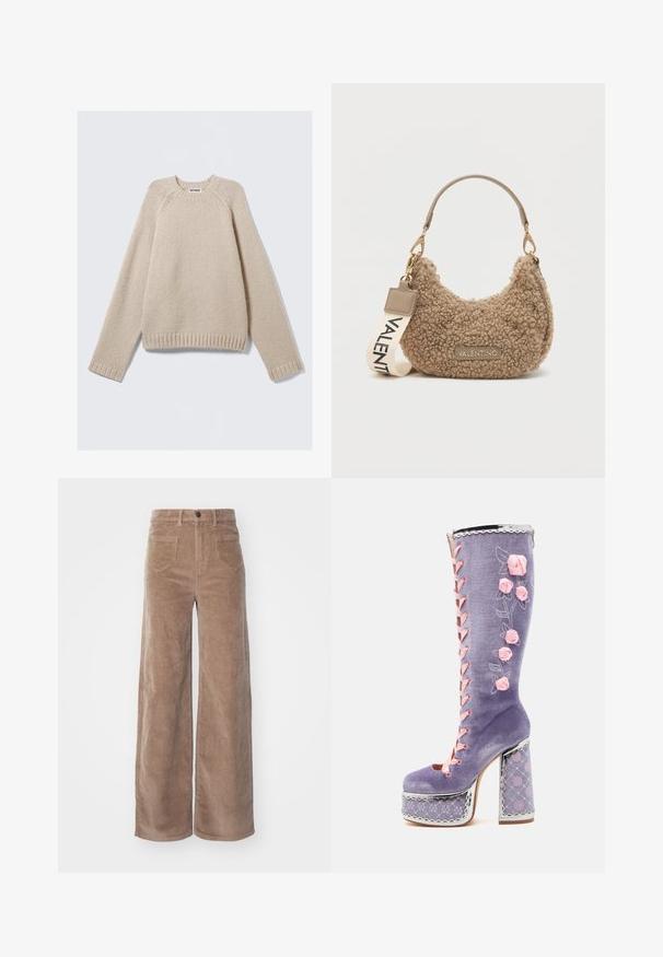 Bēša adīta džemperis ar garām raglanu piedurknēm un ribinātām aprocēm un apakšmalu, nolikts uz gaiša fona.; ONLY HOPE GLOBAL HW EBBA POCKETS - Auduma bikses - fossil; Koi Footwear GUILTLESS GHOST LACE UP PLATFORM LONG BOOT - Šņorzābaki - lilac; Brūna teksturēta rokassoma, kas izgatavota no mīksta materiāla, ar izliekštu formu, īsu rokturi un noņemamu siksnu, uz kuras ir uzdrukāts "VALENTINO".
