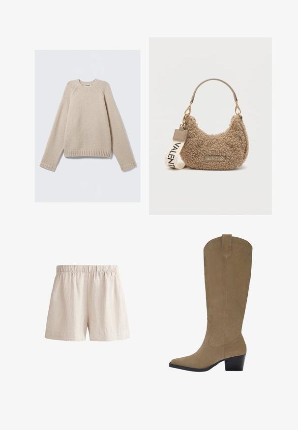 Béžový pletený sveter s dlhými raglánovými rukávmi a rebrovanými manžetami a lemom, položený na svetlom pozadí.; Svetlo béžové ľanové šortky s elastickým pásom, s voľným strihom a jednoduchým lemom. Hladký povrch s jemným, prírodným vzhľadom.; Svetlé semišové čižmy po kolená s špicatou špičkou, vrstveným podpätkom a šitím po stranách. Hladká textura a štruktúrovaný dizajn.; Hnedá textúrovaná kabelka vyrobená z plyšového materiálu, s zahnutým tvarom, krátkym držadlom a odnímateľným popruhom s potlačou "VALENTINO".