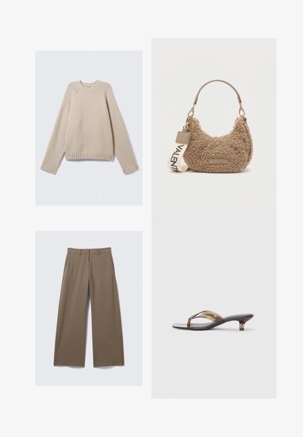 Maglione beige a maglia con maniche lunghe a raglan e polsini e orlo a coste, steso su uno sfondo chiaro.; Pantaloni larghi a righe marroni con una texture liscia e un design classico, dotati di una vita e pieghe frontali per una vestibilità su misura.; Flip-flop trasparente con tacco, caratterizzato da un design a sottile cinturino, con una soletta nera e dettagli marrone chiaro, che offre un'estetica minimalista.; Borsa a tracolla marrone in materiale soffice, con una forma curvata, un manico corto e una tracolla removibile con la scritta "VALENTINO".