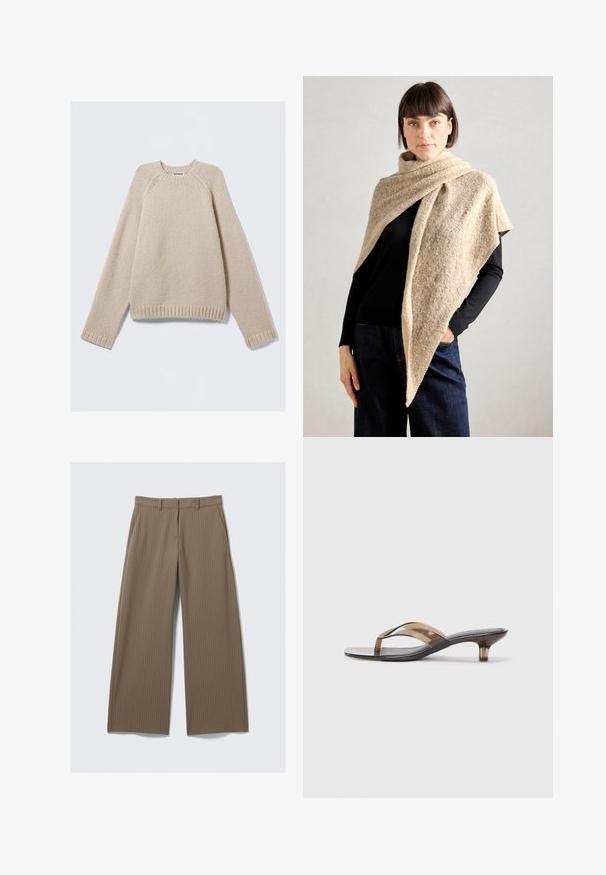 Beige Strickpullover mit langen Raglanärmeln und gerippten Bündchen und Saum, flach auf einem hellen Hintergrund ausgelegt.; Braune, gestreifte weit geschnittene Hosen mit glatter Textur und klassischem Design, ausgestattet mit einem Bund und vorderen Falten für eine maßgeschneiderte Passform.; Transparente Flip-Flops mit Absatz und dünnem Riemen-Design, mit schwarzem Fußbett und hellbraunen Akzenten, die eine minimalistische Ästhetik bieten.; Strickschal aus beiger Wolle, der ein strukturiertes, geschichtetes Design mit einem kantigen Schnitt zeigt. Getragen über einem schwarzen Oberteil und blauen Jeans.; Grüne Lederhandtasche mit runder Form, ausgestattet mit einem goldenen Kettengriff und kontrastierenden schwarzen Akzenten. Glatte Textur, minimalistisches Design.
