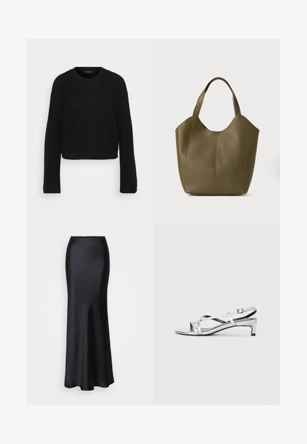 Zwart gebreid sweater met een ronde halslijn en lange mouwen. Heeft een gestructureerd patroon en een verkort ontwerp.; Gina Tricot Tall SKIRT - Maxirok - black; Zilveren metalen slingback sandaal met een lage hak, voorzien van kruislings banden en een gladde textuur. Minimalistisch design.; Olijfgroene leren tote bag met dubbele straps, een gladde textuur en een ontwerp met vier panelen. Verstevigde stiksels langs de naden voor duurzaamheid.