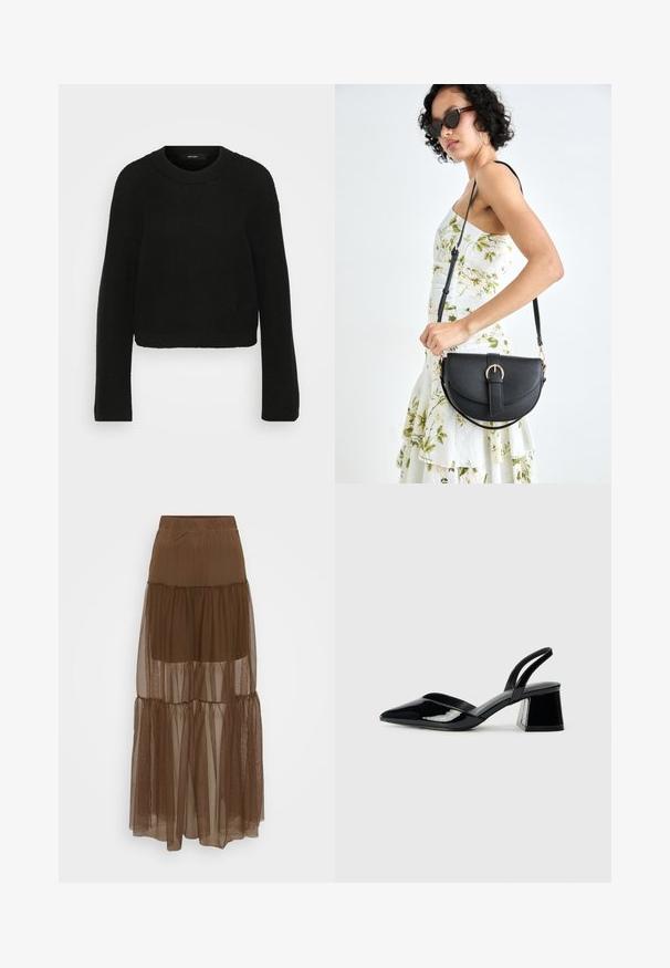 Maglione nero a maglia con girocollo e maniche lunghe. Presenta un motivo testurizzato e un design corto.; Gonna a strati marrone con sovrapposizione in rete testurizzata e vita elastica. Caratterizzata da tre strati di tessuto trasparente, che conferiscono un silhouette fluida.; Décolleté in vernice nera con punta affusolata e tacco in geometria cubica. Presentano un design elegante e minimalista, con una texture liscia.; Borsa a tracolla nera in pelle con una forma curva, manico rimovibile e accessori dorati. La borsa presenta una patta con un dettaglio a fibbia.