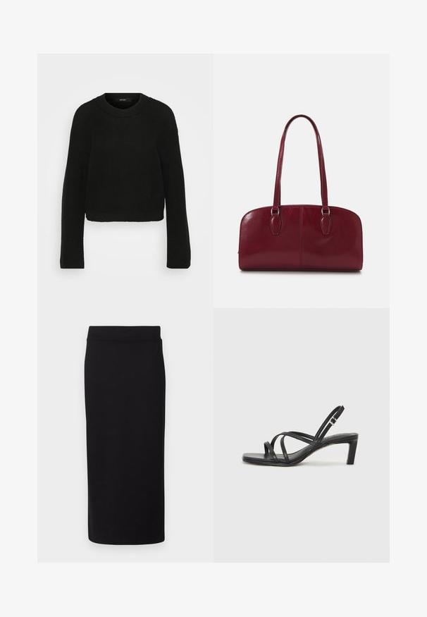 Melna adīta džemperis ar klasisku apkakli un garām piedurknēm. Iezīmēts ar teksturētu motīvu un īsāku dizainu.; Melnā ceļgala garuma svārki, izgatavoti no mīksta, elastīga auduma. Iespējas ietver bezšuvīgu jostasvietu un pieguļošu siluetu ar gludu tekstūru.; Melnas strappy sandales ar kvadrātveida purngaliem un zemu bloku papēdi. Ievērojamas ar vairākiem plāniem siksniņām un regulējamu potītes siksniņu. Izgatavotas no gludas ādas.; Zign LEATHER - Rokassoma - dark red