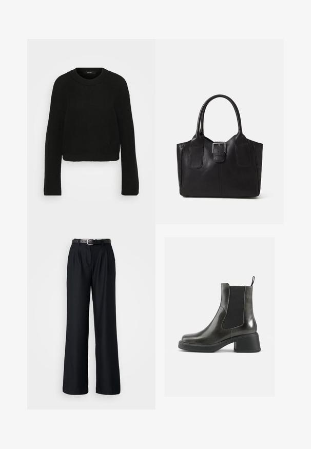 Sweater preto tricotado com decote redondo e mangas longas. Apresenta um padrão texturizado e um design cropped.; Calças largas pretas feitas de um tecido suave, com pregas frontais e um cinto preto a condizer com uma fivela prateada.; Botas de tornozelo em couro negro com um acabamento liso, painéis laterais elásticos e um salto robusto. Apresentam uma alça na parte de trás para facilitar o calçar.; Bolsa tote de couro preta com textura suave, forma estruturada, duas alças e um destaque prateado proeminente na parte da frente.