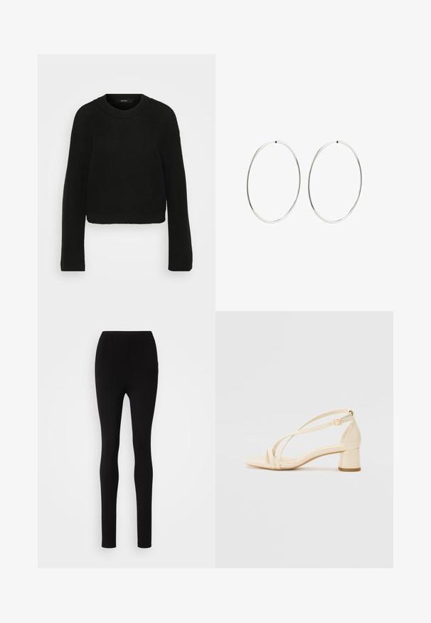 Black knitted sweater with a crew neckline and long sleeves. Features a textured pattern and a cropped design.; Black leggings featuring a slim fit, high waist, and smooth fabric. No visible seams or patterns, with a simple and minimalist design.; Beige heeled sandals with a block heel, strappy design, and adjustable ankle strap, made of smooth synthetic material with a matte finish.; Silver hoop earrings with a smooth, round design and a polished finish. They are thin and lightweight, featuring a simple clasp closure.